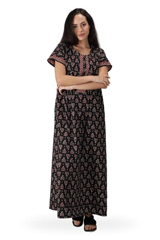 NIHSAMAH Core Style Cotton Night Gown for Women with Pockets | Premium Printed Long Nighty | Comfortable & Fancy Sleepwear/Nightwear
