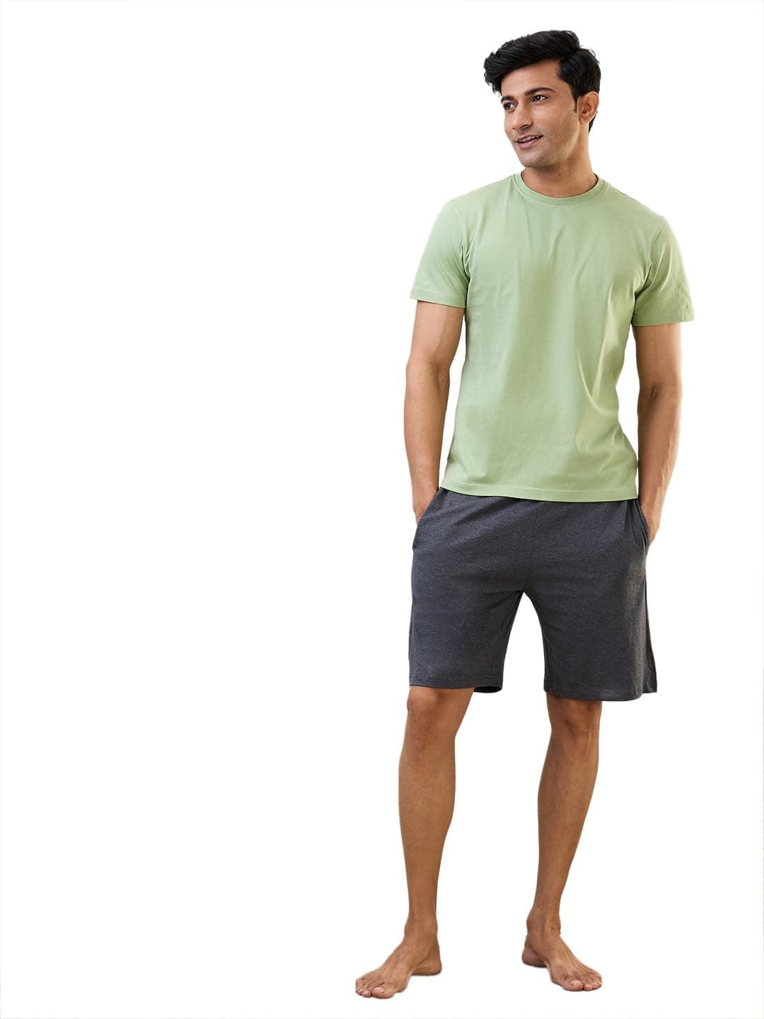SleepZ by Raymond Men Regular Fit Solid Pattern Pure Cotton Round Neck T Shirt with Shorts