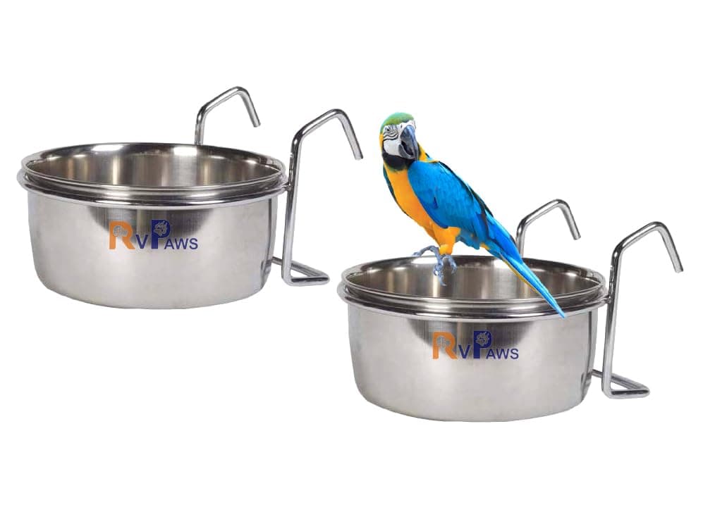 RvPaws Bird Bowl Steel Hanger - Premium Stainless Steel Cup for Feeding & Hydration Needs of Your Feathered Friends, Premium Nesting Material for Enhanced Comfort and Safety (Pack of 2) (250ml)