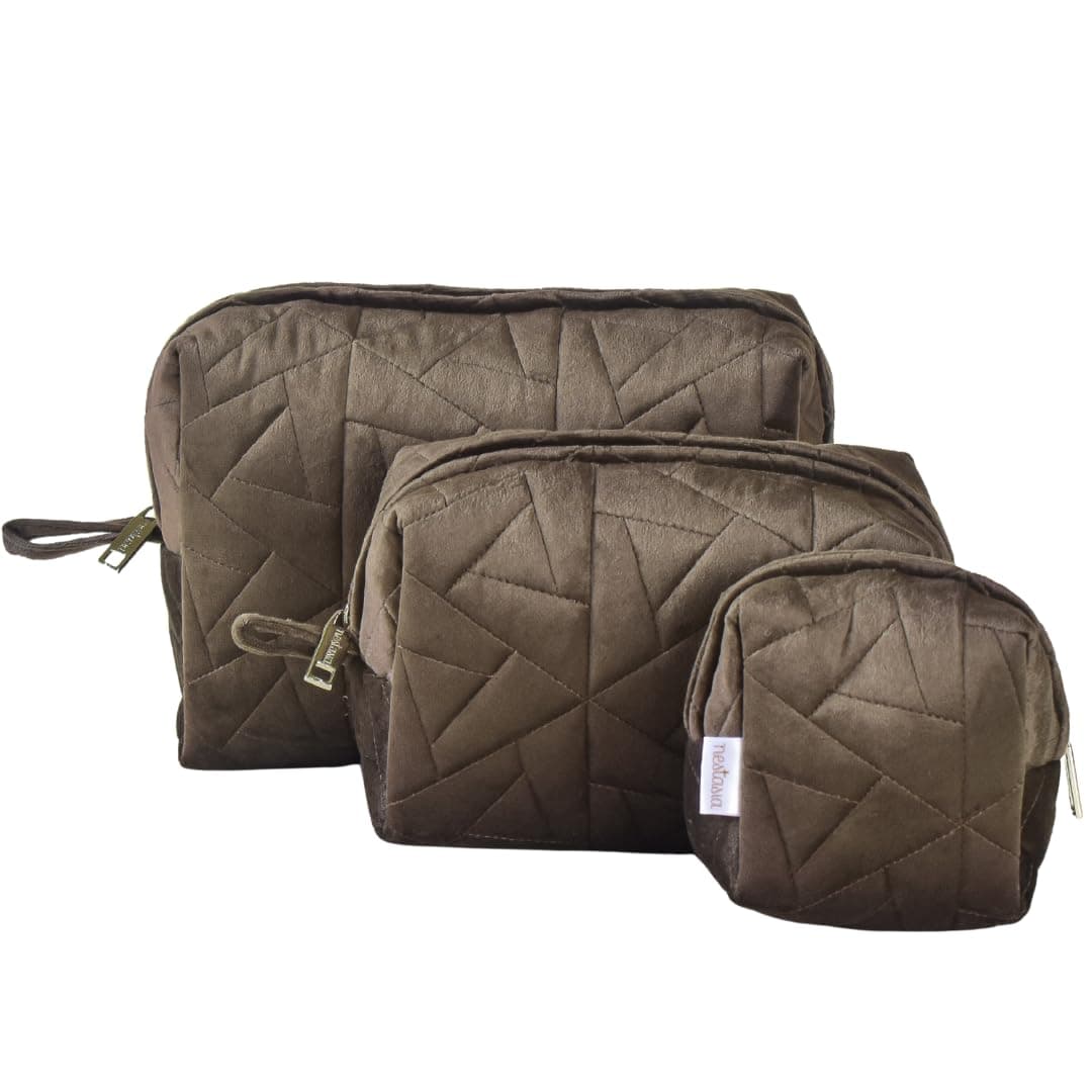 Nestasia Makeup Pouch, Organizer, Kit - Brown | Perfect for Makeup Brush Set, Toiletry Kit, Lipsticks, Foundation, Bathroom Accessories | Quilted Pouch for Girls of Different Sizes (Set of 3)