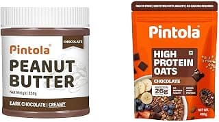 Pintola Peanut Butter Chocolate Flavour Creamy 350g - 18.6g Protein & 5.2g Dietary Fiber, Made + PINTOLA 25g High Protein Oats 400g, Dark Chocolate,No Refined Sugar, with Almonds Raisin,