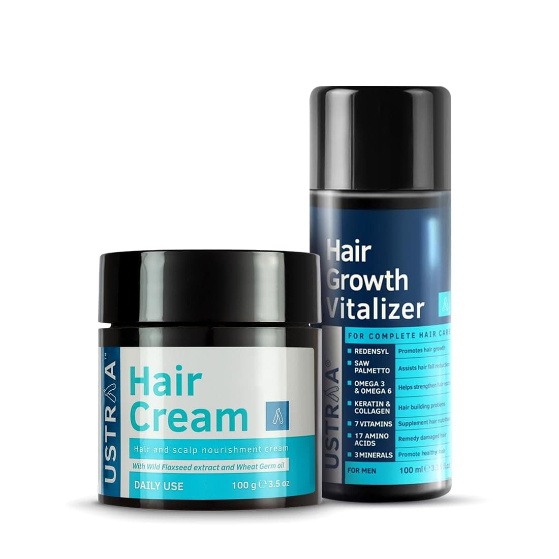 Ustraa Hair Growth Vitalizer - 100 ml - Clinically Tested | With Redensyl, Saw Palmetto | Non-sticky, Non-oily & Hair Cream - Daily Use - 100 g | with Wheat Germ Oil, Almond Oil | For All Hair Types