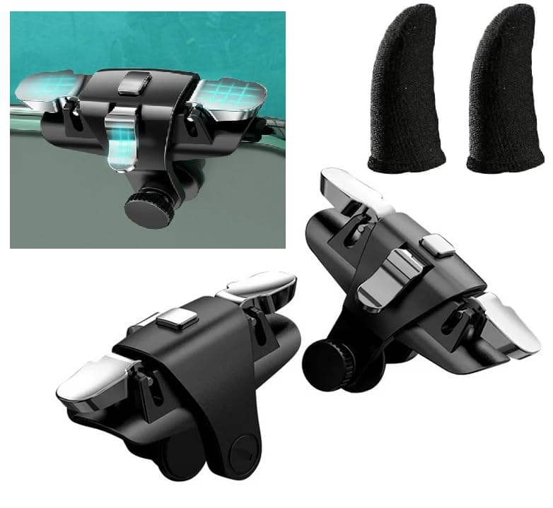 FKU 2025 C10 Key Three-way Metal Shooting Alloy Game Controller With (1 Pair) FINGER SLEEVE Six Finger Handle Trigger Aim Button L1R1 L2R2 Shooter Gamepad for PUBG/Fornite/Knives Out/Call of Duty