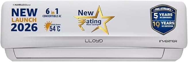Lloyd 2 Ton 3 Star Inverter Split AC, 2026 New Star Rated (6 in 1 Convertible, Cools Up To 54°C, DG Mode, Ice Clean, Smart 4 Way Swing, Installation Check, White with Silver Deco Strip, GLS24I3GGCSR)