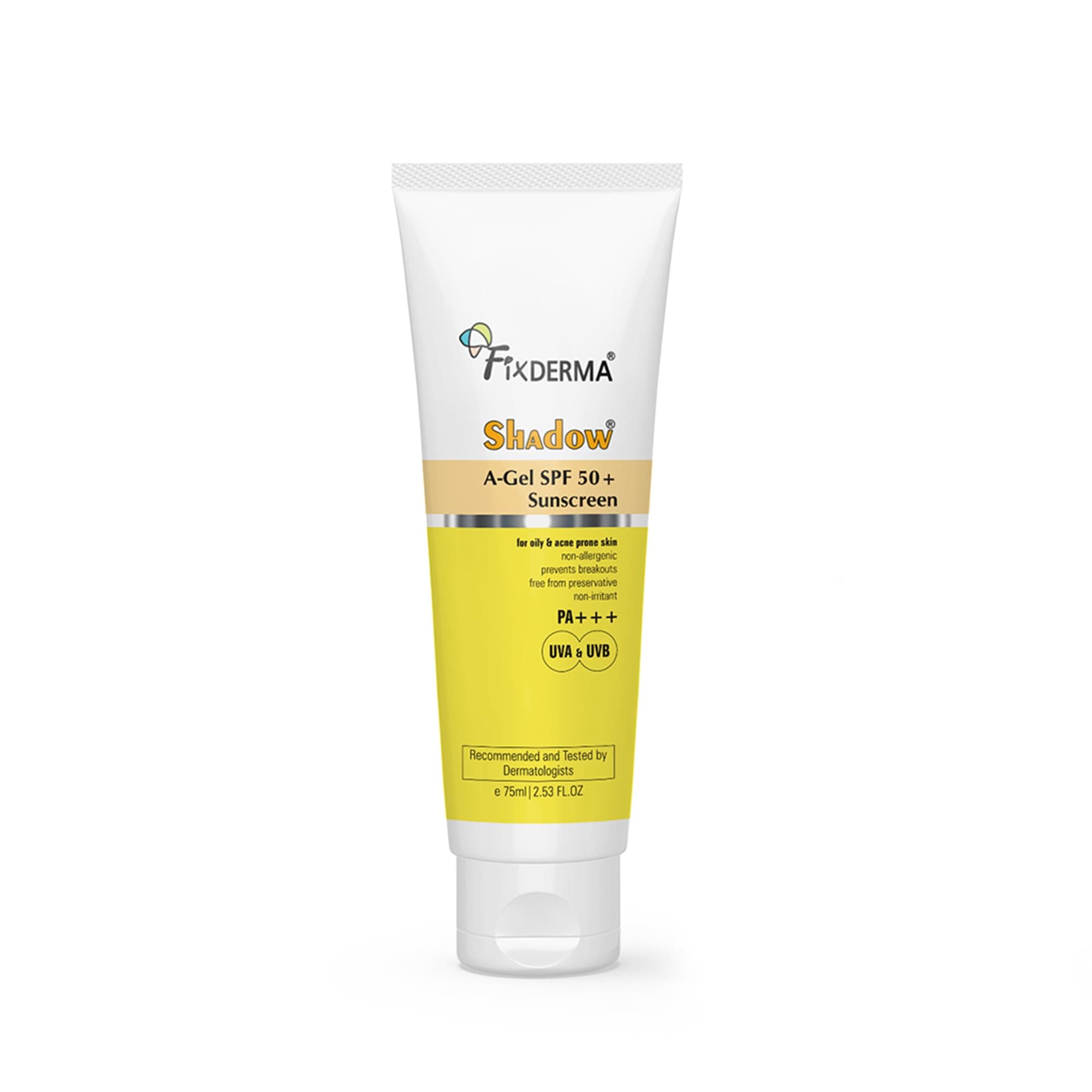Fixderma Shadow A-Gel SPF 50+ Sunscreen PA+++ | For Oily & Acne-Prone Skin | Lightweight | Non-Greasy | No White Cast | Broad Spectrum For UVA & UVB Protection | For Men & Women | 75gm