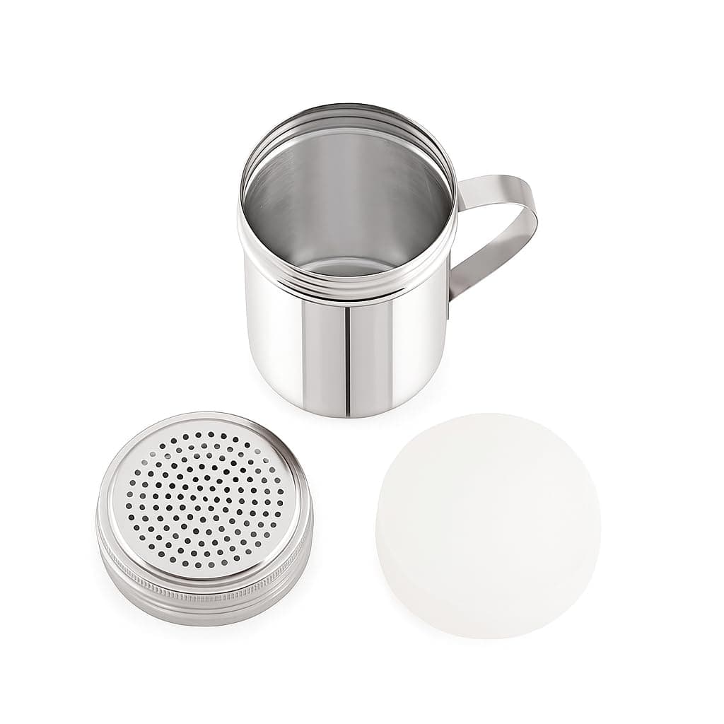 GS Kitchenware Stainless Steel Powder Shaker with Handle and Plastic Lid Cap, 300 ML, Kitchen Dredger for Spices, Sugar, Salt, Flour.