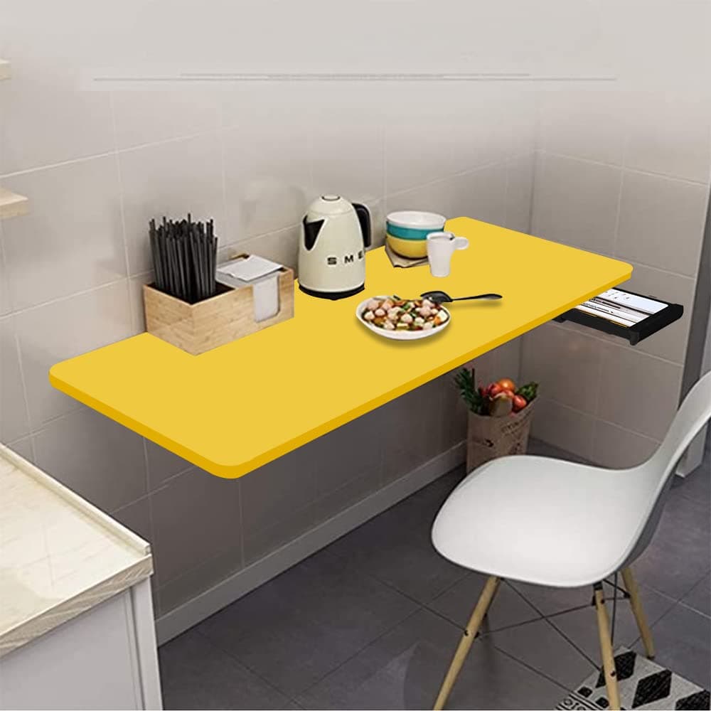 QARA 16X40 Inches Wood Wall Mounted Round Corner Folding Wall Study Table| Wall Mount Table With Drawer | Foldable Laptop Desk, Bright Yellow