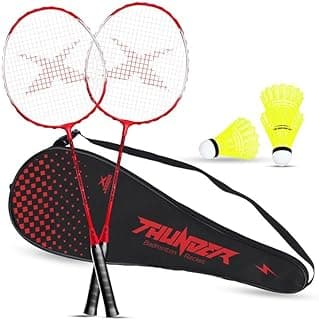 JASPO Thunder Badminton Kit,Badminton Set of Metal Alloy Rackets (Set of 2) with Full Cover Bag, 3 pcs Plastic Shuttlecocks, Ideal only for Recreational Play, Designed for Kids & Youngsters (Red)