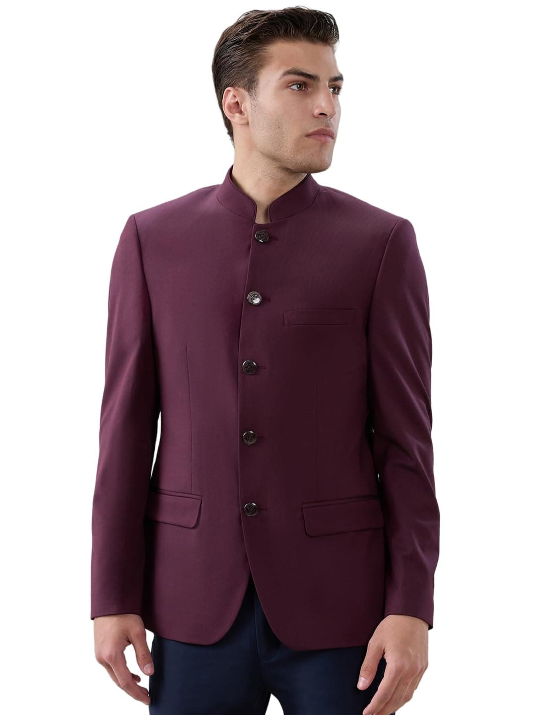 Raymond Men Regular Fit Solid Pattern Poly Viscose Blend Stand Collar Full Sleeve Festive Jacket