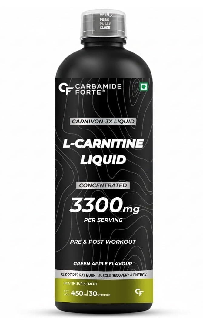 Carbamide Forte L-Carnitine Liquid 3300mg Per Serving | L Carnitine Supplement For Fat Burn, Muscle Recovery & Energy | Pre & Post Workout Supplements With Added Vitamins | Green Apple Flavour - 450ml