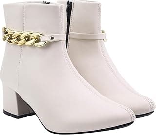 Shoetopia Women's Synthetic Leather Ankle Boots – Stylish Block Heel Zip Closure Boots with Golden Buckle Detail for Casual & Party Footwear