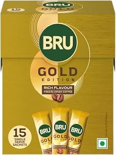 Bru Gold Edition | 100% Pure Coffee | Premium Freeze Dried Coffee | Experience Intense Coffee Taste | Aromatic Instant Coffee | 22.5g (Pack of 15 Single Serve Sachets X 1.5g each)