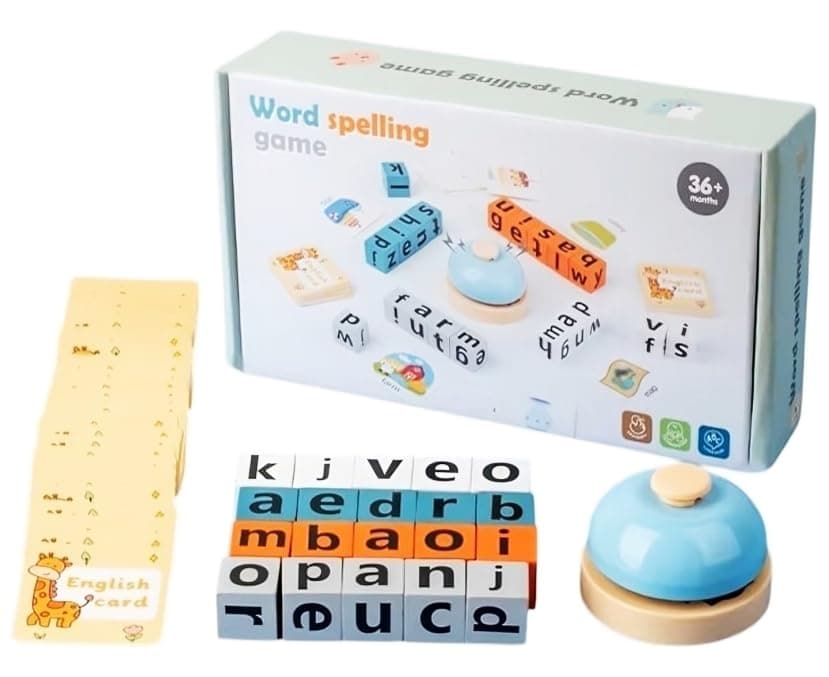 Kiddie Galaxia Wooden Alphabet Spelling Game Montessori Learning Toy for Kids Educational Game for Word Building, Spelling & Early Aducation Toy 3+ Years 20 Letter Cubes 64 Flashcards 1 Bell