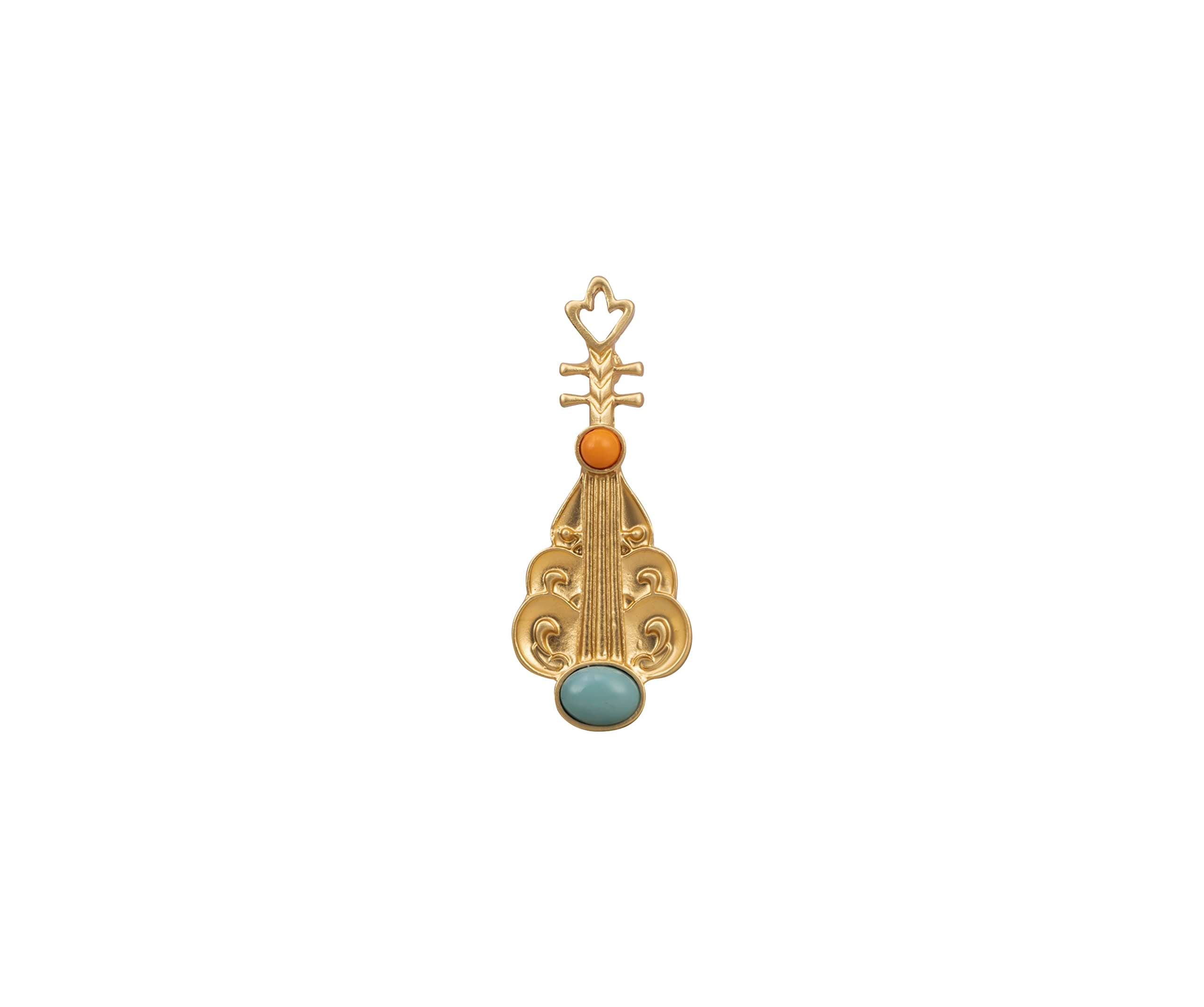 Knighthood Frosted Gold Vintage Violin With Turquoise And Amber Stone Brooch, Suit Stud, Shirt Studs, Lapel Pin Accessories for Men Women