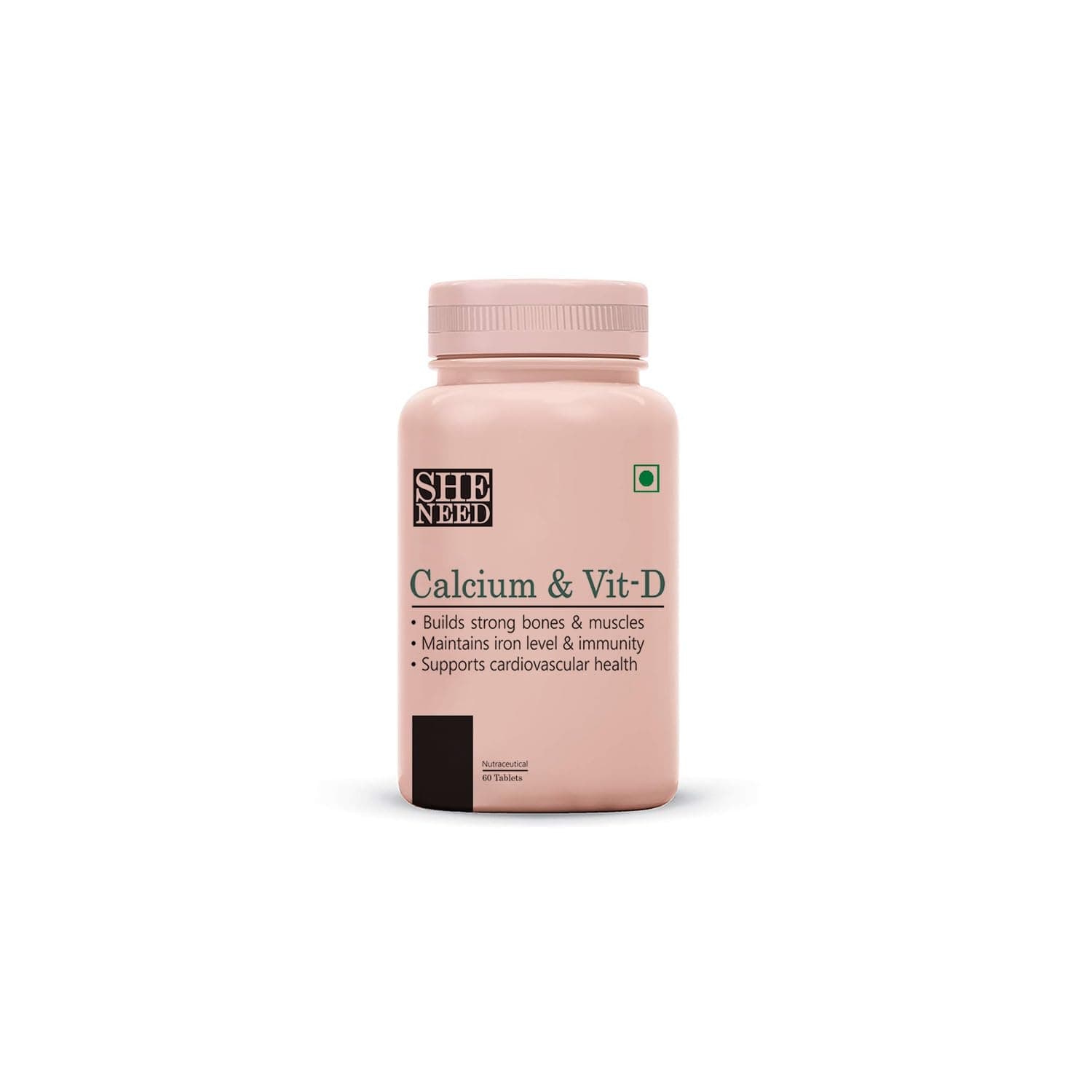SheNeed Calcium & Vitd3 Supplement For Bone & Muscle Health, Immunity Booster With Magnesium, Zinc & Iron For Men & Women Veg Tablets, 60 count