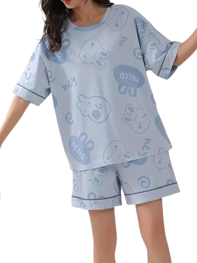 Louis Luxe Womens Korean Night Dress || Short Pyjama Set || Korean Nightsuit || Women Nightwear ||Round Neck Short Sleeve Nightsuit || Loungewear || Everyday Nightdress (ND-01)