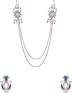 VOYLLA Oxidised Silver Brass Indigo Color Layered Long Necklace Set with Earrings for Women and Girls