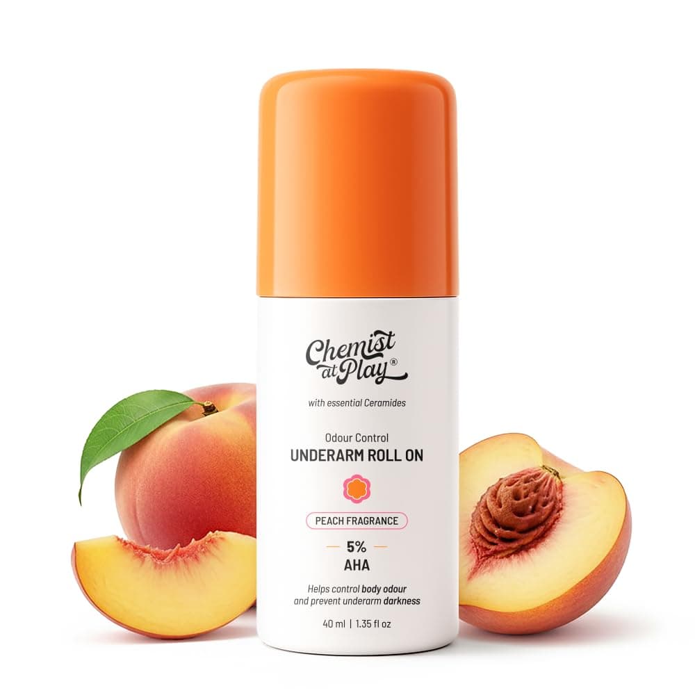 Chemist At Play UnderArm Roll On with 5% AHA, Lactic Acid & 1% Mandelic Acid|Prevents Body Odour, Fades Pigmentation & Kills Bacteria|0% Aluminium & 0% Alcohol|For Sensitive Skin|Peach Fragrance|40ml