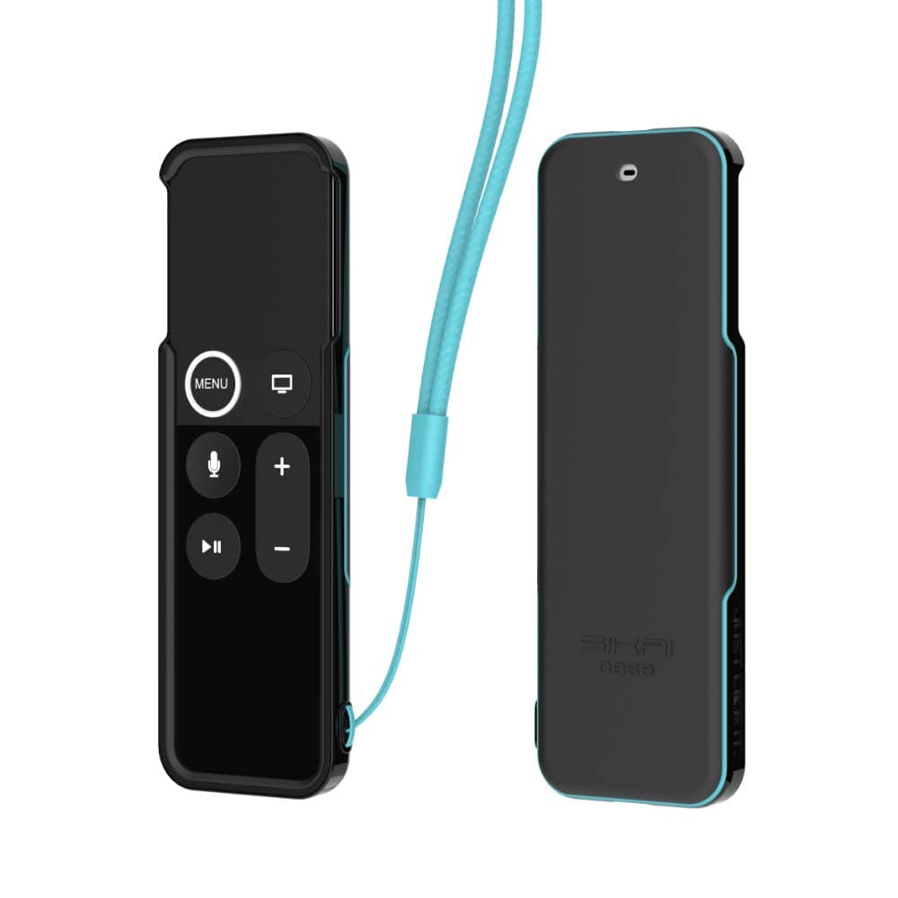 SIKAI Shockproof Protective Case for Apple TV 4K Siri Remote (MQGD2LL/A) Anti-Lost with Remote Loop (Black-Glow Blue 2)
