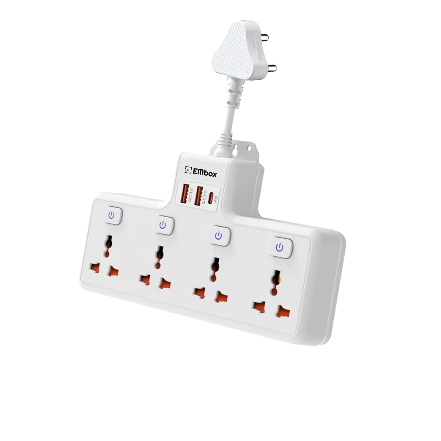 Embox 20W Multi Plug Adapter Type-C PD Fast Charging| Extension Board with USB C & Switches (QC3.0) | Multiplug Socket with 4 Universal Sockets 2Type-A & 1Type-C Ports (H5-PD-White)