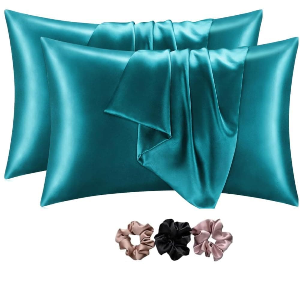 GO WELL Solid Satin Silk Pillow Covers Pack of 2 for Hair and Skin-with Satin Scrunchies |Satin Pillow coves for Hair and Skin|scrunchies for Women 3-Piece|Silk Pillow case (Voilet)