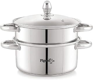 Pigeon Elantra Stainless Steel 2 Tier Steamer Pot Set with Glass Lid | Pasta Steamer Momo/Modak Maker | Vegetable Steamer | Rice Steamer (22cm)|Capsulated Induction Bottom|ISI Certified.