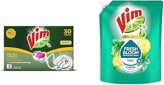 VIM Matic Dishwasher tablets All-In-One (Pack of 30) I Removes Tough Indian Grease I Designed By I | Vim Dishwash Anti Smell Liquid|| Pudina||1.7Ltr