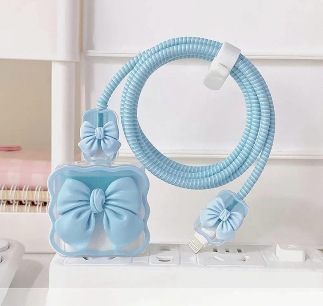 Meyaar Wave-Shaped Cable Protector Series with 3D Cute Pattern for iPhone Charger 20W & 18W, Data Line Wire Saver Charging Cable Charger Protective Cable, Full Protection Cover (Blue Bow)