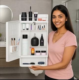 Well Set Bathroom Mirror Cabinet with Storage | Wall Mounted Plastic Organizer Shelf for Toiletries & Accessories | Durable White Mirror Cabinet for Bathroom
