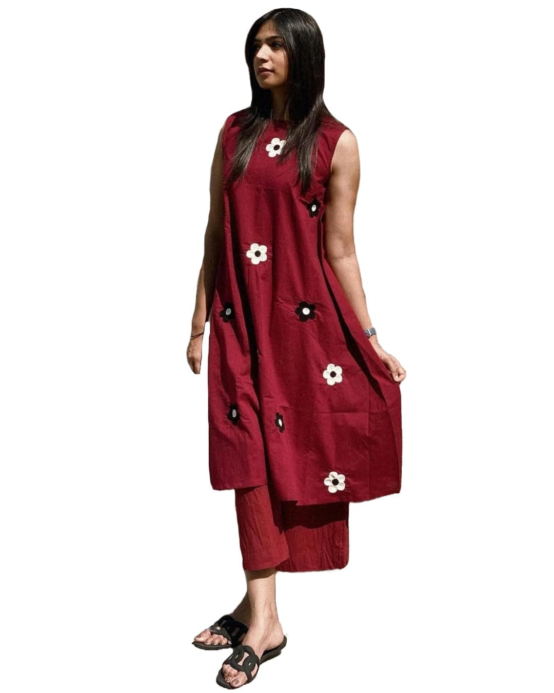 GoSriKi Women's Maroon Sleeveless Cotton Kurta Set with Floral Embroidery | Ethnic Wear for Office, Casual & Summer | Comfortable