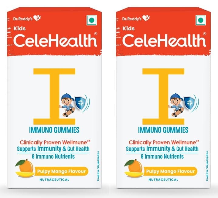 Dr. Reddy's CeleHealth Kidz Immuno Plus Multivitamin Gummies with Wellmune, Vitamin C & Zinc for Kids (4 - 12 Years) | Supports Immunity and Digestion | Pulpy Mango Flavour | 30 Gummies - Pack of 2 | 100% Vegetarian