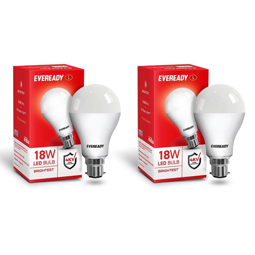 Eveready 18W LED Bulb | 1800 Lumen | 4KV Surge Protection | Long Life & Low Maintenance | BIS Certified | 1 Year Warranty | 100 Lumens Per Watt | Cool Day Light (6500K) | B22 | Pack of 2