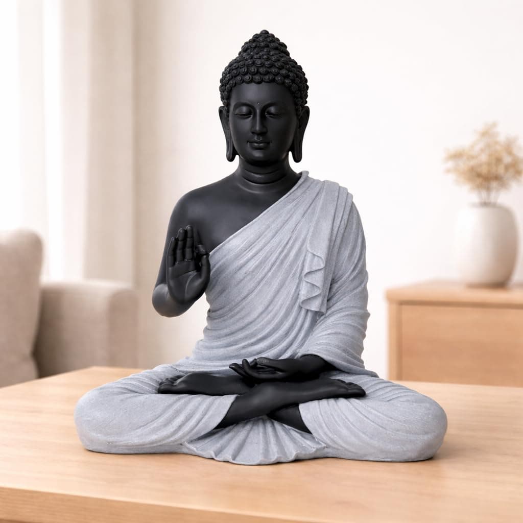 THE KUTIR Buddha Statue for Home Decor 15 Inch Handcrafted Polyresin Meditating Buddha Idol with Antique Finish | Vastu & Feng Shui Showpiece for Living Room, Office & Meditation Space | Black Grey