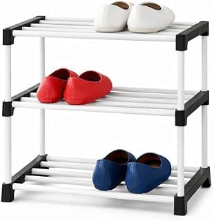 PLX Store 3 Tier Plastic Shoe Rack for Home, Stackable Shoe Organizer Shelf Stand, Space Saving Footwear Storage Rack for Bedroom, Closet & Entryway, White