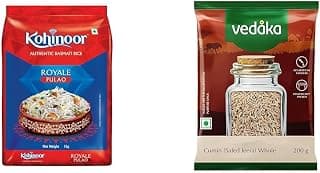 Kohinoor Pulao Basmati Rice, 1 kg | Long-Grain Basmati (Cooked grain up to 18 mm) || Amazon Brand - Vedaka Whole Jeera (Cumin), 200g || Amazon Brand - Vedaka Popular Unpolished Toor Dal | 1 Kg Pack