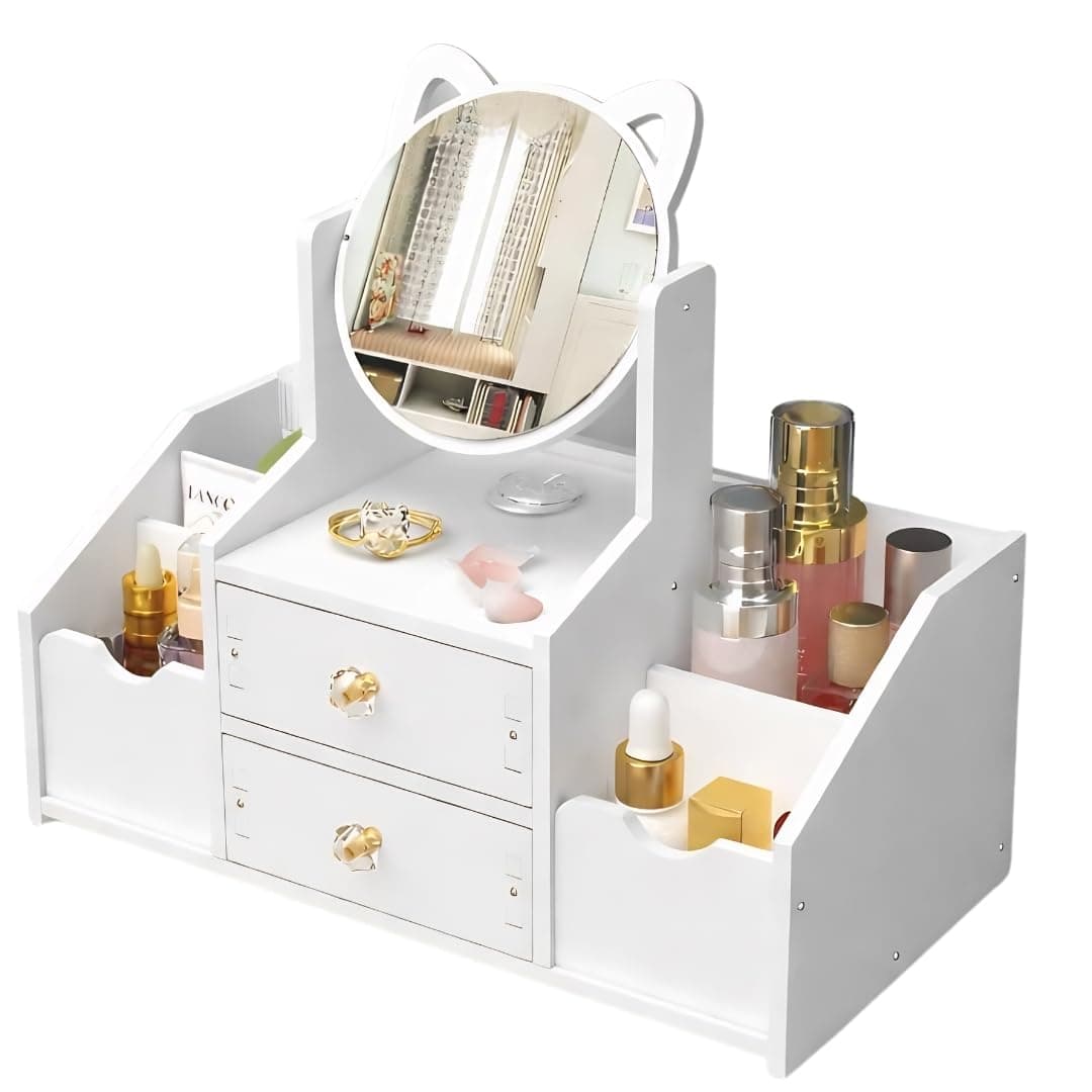 PLUSPOINT Makeup Desk Cosmetic Storage Box DIY-Organizer with Mirror & Drawers for Dressing Table, Vanity Countertop, Bathroom, Stationery, Makeup Organizer for Women and Girls