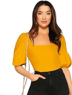 Dream Beauty Fashion Women's Bishop Puff Sleeves Square Neck Slim Top Polyester Blend (BZF-Top-Eva)