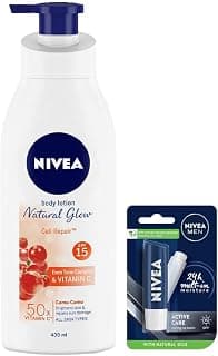 Nivea Body Lotion, Extra Whitening Cell Repair SPF 15, For All Skin Types, 400ml And NIVEA Men Lip Care, Active Care Lip Balm, SPF 15, 4.8g
