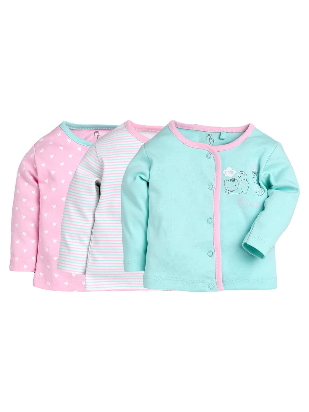 Baby GO Unisex Baby 100% Cotton Full Sleeve Front Open T-Shirt Pack of 3 | Soft Breathable Infant Clothing Set with Snap Buttons | Comfortable Layering Top for Newborn Baby Boys & Baby Girls