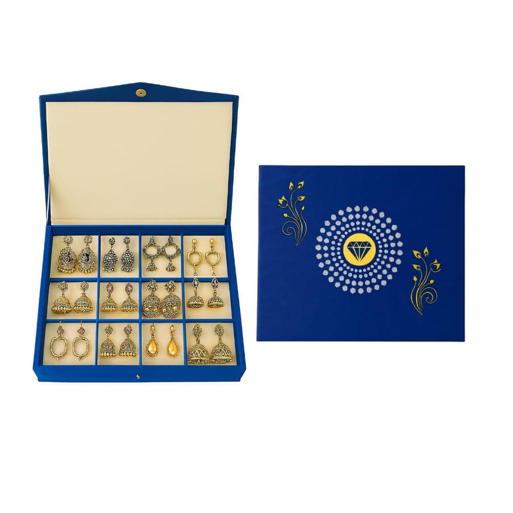 Femmevault Velvet Earring Organizer Box for Women | 12-Compartment Jewelry Storage Case | Compact Travel Pouch (8 x 7 inch) | Gift for Girls & womens (Blue)