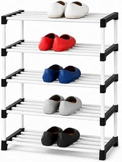 PLX Store 5 Tier Plastic Shoe Rack for Home, Stackable Shoe Organizer Shelf Stand, Space Saving Footwear Storage Rack for Bedroom, Closet & Entryway, White