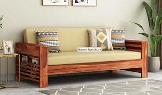 Home furniture Wooden Sofa Set for Living Room and Office Three 3 Seater Natural Teak Finish, Cream Cushion | 3-Person Sofa