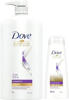 Dove Daily Shine Shampoo 1 L, For Damaged or Frizzy Hair, Makes Hair Soft, Shiny And Smooth & Dove Daily Shine Conditioner, 340 ml