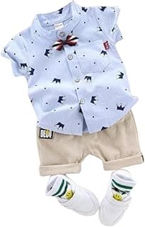 Vikita Enterprise Kid Boy's Hosiery Cotton Blend Printed Cord Set with Mandarin Collar Short Sleeve Shirt and Side Pocket Elastic Waistband Closure Short Pant with Tie