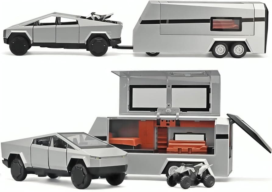 Sky Tech Tesla Cyber Truck Pickup Trailer RV with Motorcycle 1:32 Model Car Alloy Metal Pull Back Die-cast Car Metal Toy car Openable Doors & Light Music Best Gifts Toys Kids【Colors as Per Stock】
