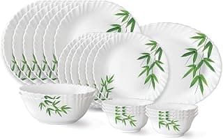 Larah by BOROSIL Bamboo Leaves Fluted Series Opalware Dinner Set Of 6 Full Plate, 6 Quarter Plates, 6 Veg Bowls, 2 Serving Bowl and 1 Oval Rice Plate | Bone-Ash Free Crockery (White, 21 Pieces)