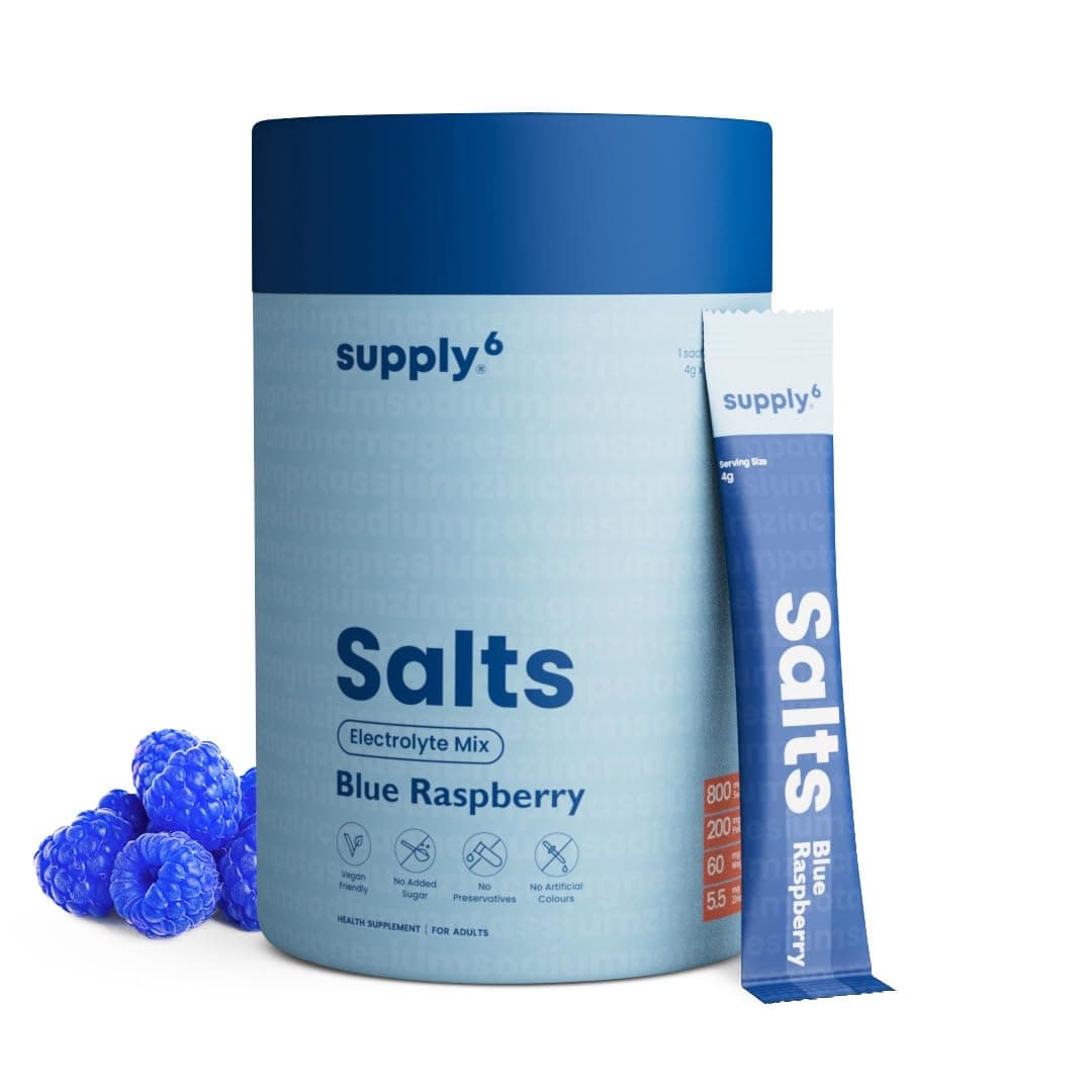 Supply6 Salts | Electrolyte Mix | Zero Sugar | Sodium, Potassium, Magnesium, Zinc & Fiber | Keto Friendly, Vegan Friendly, No Preservatives (54 Servings, Blue Raspberry)