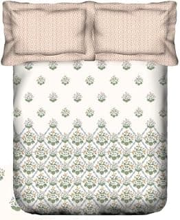 Portico King Size Bedsheet Set, Floral Pattern Design, White with Pastel Green Border, Cotton Blend, Adore Collection