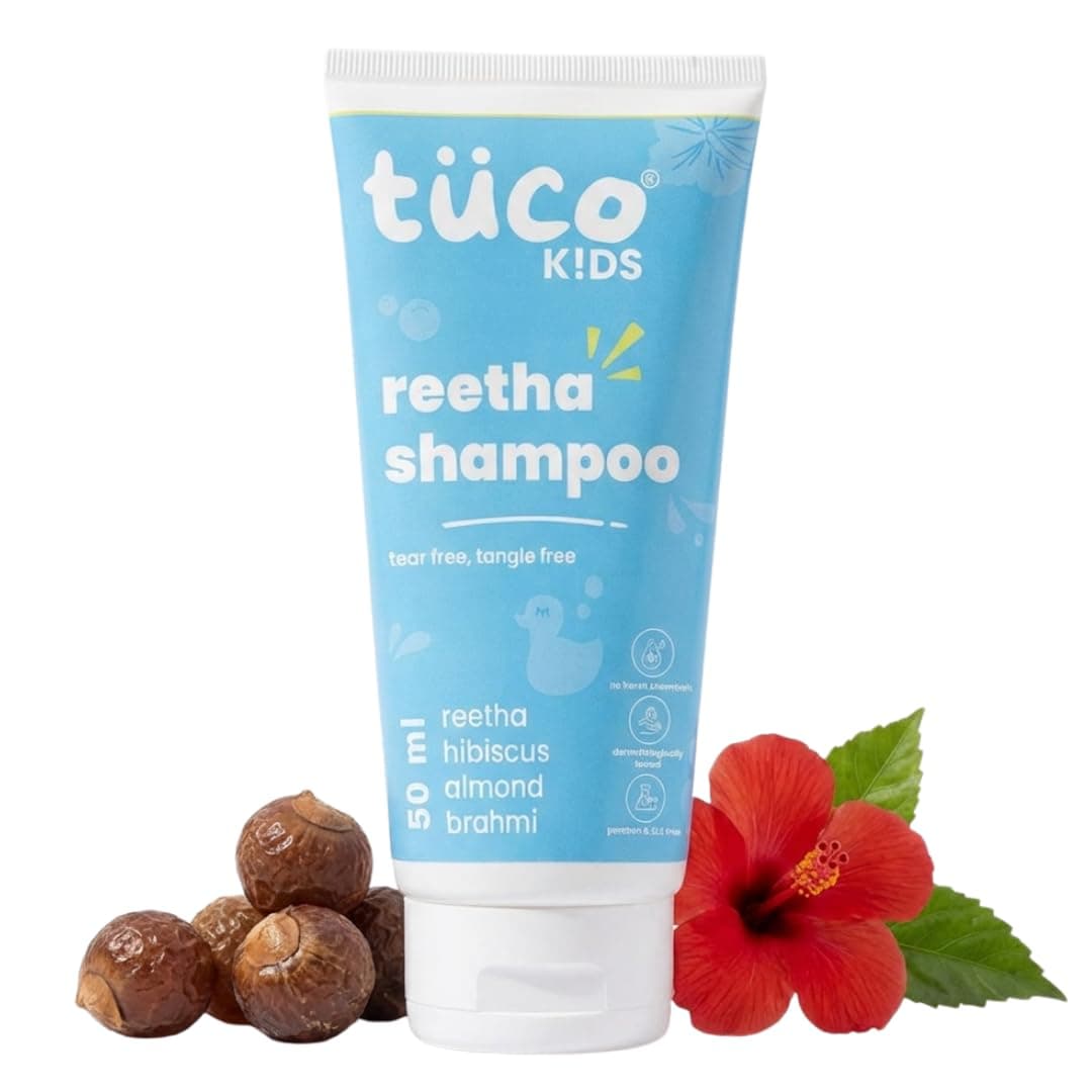 Tuco Kids Mild Shampoo for Kids, Hibiscus & Soapnut, Tear-Free, 50ml | Almond Oil & Pomegranate. Paraben, SLS & Sulphate Free. pH 5.5, Vegan. Travel Size for Ages 3-10 Years.