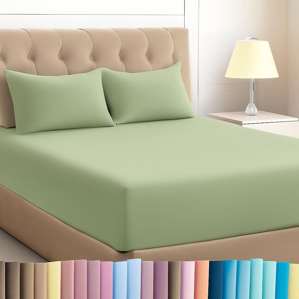 Bhoomi Impex Microfiber Elastic Fitted Bed Sheet Set - Single Size 72x78 Inch, Includes 2 Pillow Covers - Soft, Durable Sage Solid Bedding